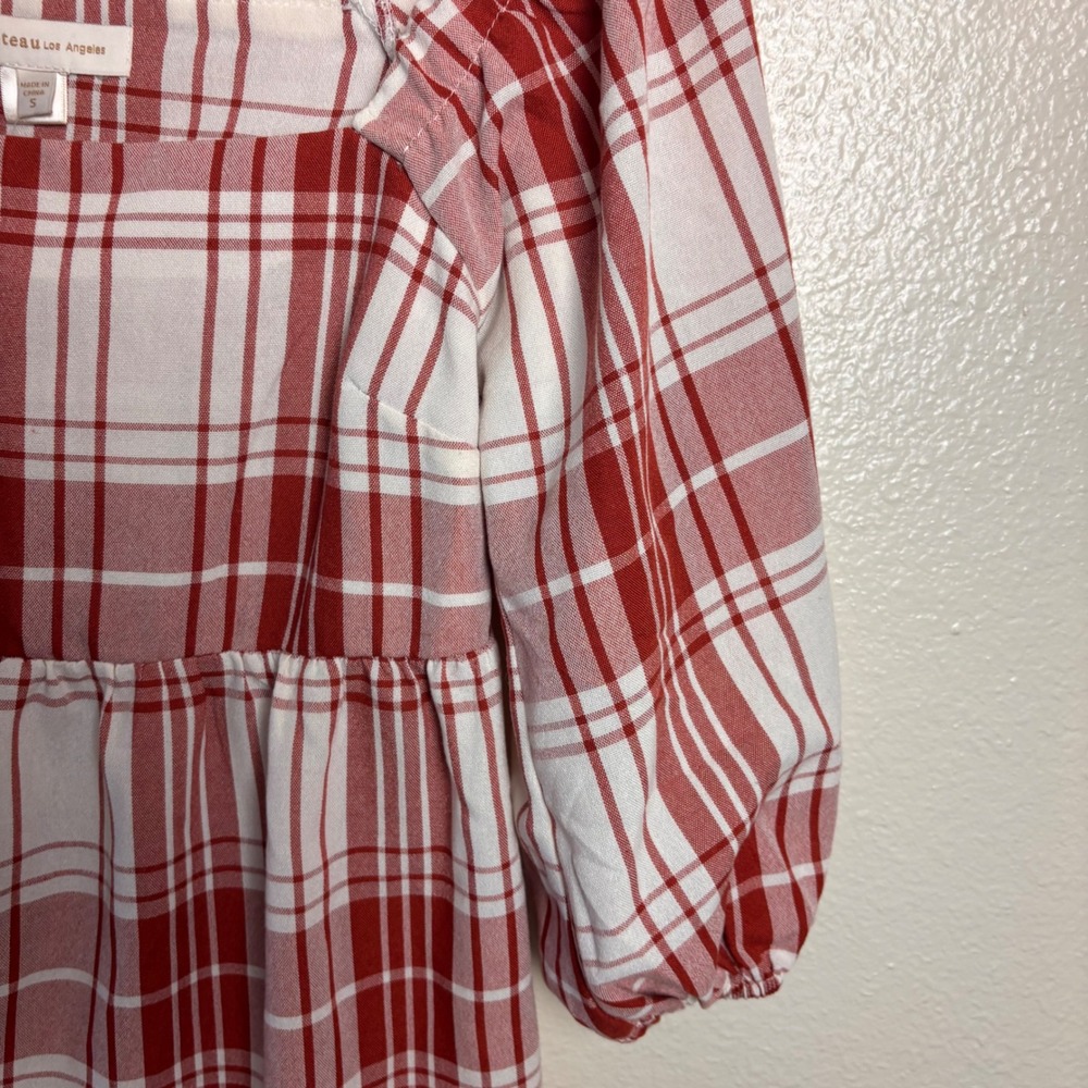 New Monteau Los Angeles S Red Plaid Babydoll Mini Dress Puff Sleeve Cottagecore - Picture 7 of 12